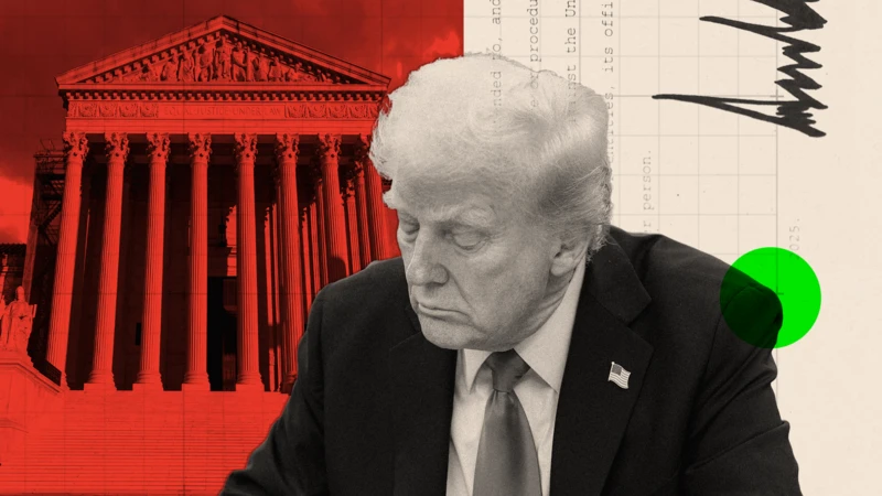 Donald Trump firmando una orden, con a una foto de la Corte Suprema de fondo