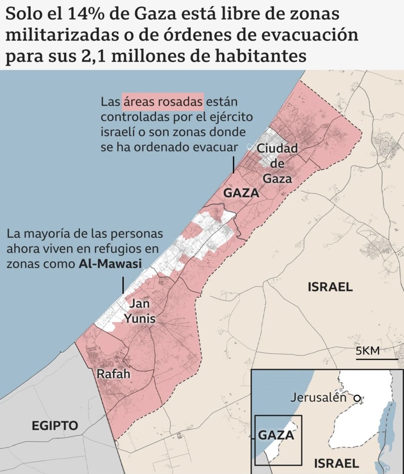 Mapa de Gaza mostrando las zonas militarizadas por el ejército israelí